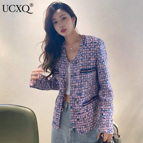 UCXQ Woman Tweed Jacket Purple Plaid Weave Long Sleeve Single Breasted O Collar French Vintage Style 2021 New Autumn 23XF218