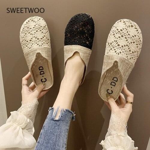Woman Canvas Sandals Women Flats Hollow Cut-Outs Summer Shoes Womens Loafers Female Solid Shoe Plus Size 2021 New