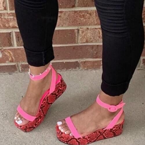 2020 Pink Platform Shoes Woman Sandals Open Toe Sandals Colorful Snake Ladies Summer Shoes Ankle Buckle Woman Sandals Size Plus