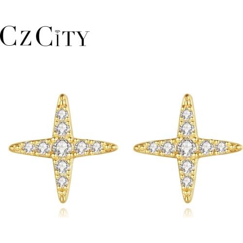 CZCITY Women Cross Earrings New Fashion Golden 925 Sterling Silver Stud Earrings Fine Jewelry Cubic Zirconia Star Brincos Gifts