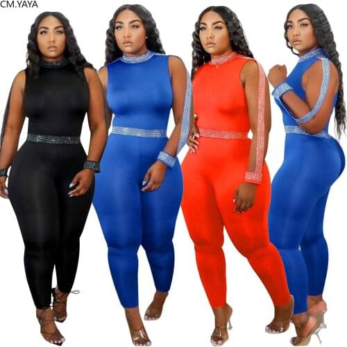 CM.YAYA Women Sliver Striped Splicing Cut Out Sleeve Bodycon Jumpsuit Sexy Club Party One Piece Overalls High Streetwear Romper