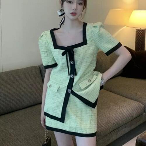 Retro Fashion Plaid Tweed Two piece set Women Sqaure collar Short Sleeve Singl;e-breasted Bowknot Jacket Mini Skirt Suits Female