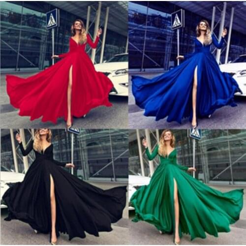 2021 Sexy Deep V Long Sleeve Dress Split Dress clothing women women boho long maxi dress green dress