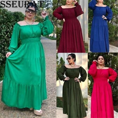 SSEURAT Plus Size Women Solid Puff Sleeve Autumn Sweet Dress Casual Square Collar Maxi Long Dresses Vestidos 2021