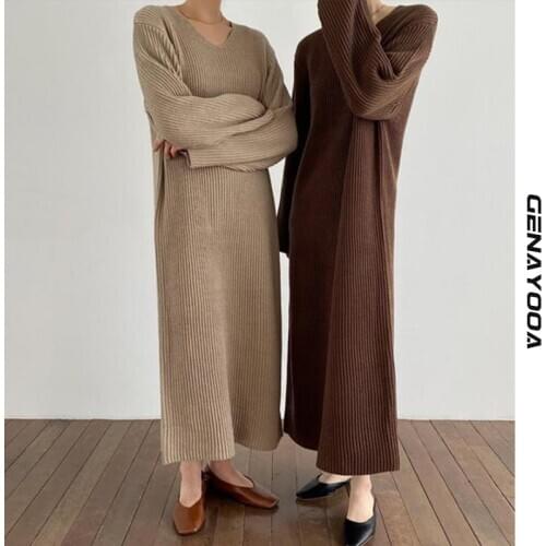 Genayooa Casual V-neck Sweater Dress Long Sleeve Elegant Winter Spring Dress Women Knit Warm Pullover Knitted Female Dress
