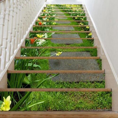 13Pcs Staircase Stair Riser Floor Sticker Self Adhesive DIY Flower Pattern Stairway Wall Decal Decor