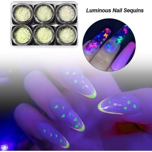 6 Shapes Flower Moon Start Butterfly Love Nail Art Luminous Nail Sequins Professional Butterfly Nail Sticker Set