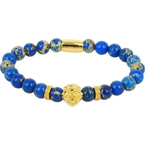8mm Natural Blue Turquoises Howlite Onyx Stone Beads Lion Head Charm Spacer Standard Bracelets For Man