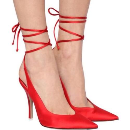 New Woman Pink Green Red Blue Candy Color Satin Shallow Slingback Sandals Sexy Pointed Toe Lace Up Stiletto Heels Sandals Shoes