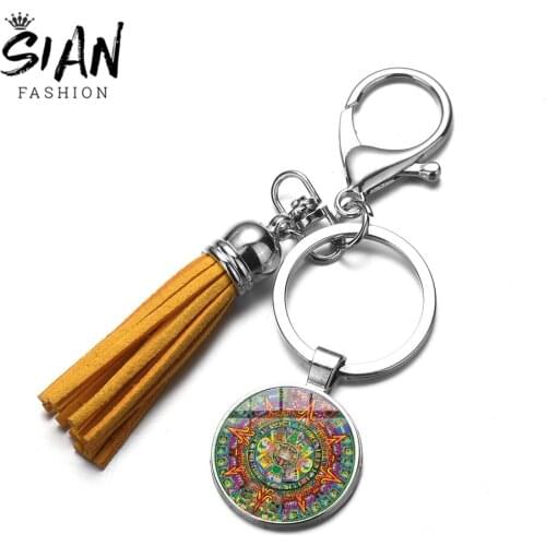 SIAN Mayan Calendar Metal Keychain Ancient Totem Aztec Mayan Culture Art Crystal Pendant PU Leather Tassel Key Ring Holder Women