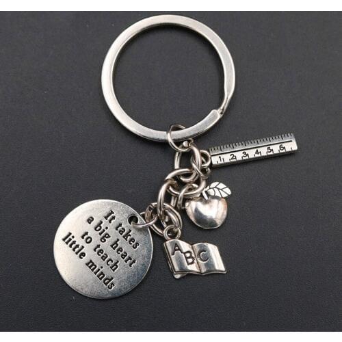 WKOUD 1pc Silver Plated It Takes A Big Heart To Teach Little Minds Charm Book Ruler Apple keychain Teachers Gift A1671