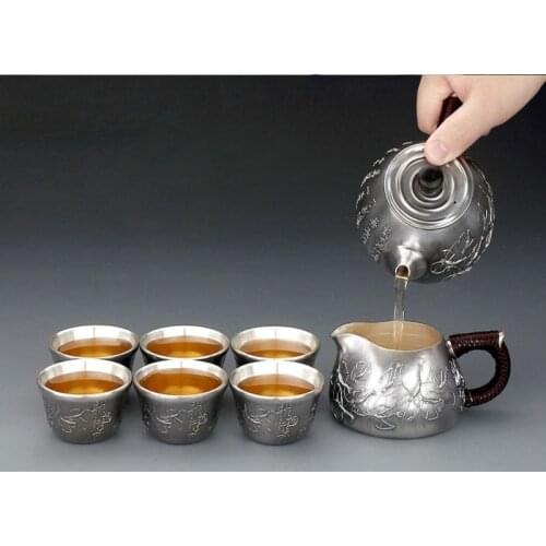 Silver pot 999 sterling silver handmade tea set Japanese retro teapot kettle home tea ceremony Kungfu tea set 700ml