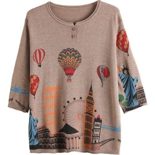 Literature and art retro spring and summer 2021 new style womens printed loose round neck sleeved sweater top