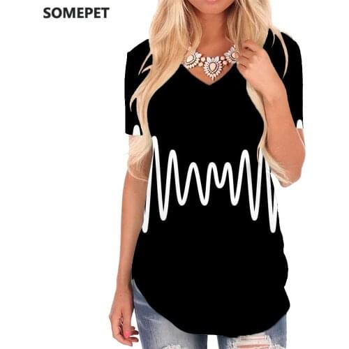 SOMEPET Line T-shirt women Music Tshirts Printed Retro Funny T shirts Party V-neck Tshirt Womens Clothing Hip hop Loose New