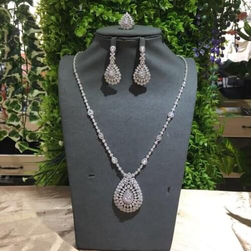 Janekelly 4pcs Bridal Zirconia Full Jewelry Sets For Women Party, Luxury Dubai Nigeria CZ Crystal Wedding necklace sets