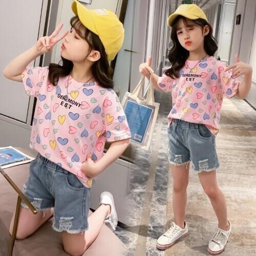 Kids Clothes Sets New Girls Clothing Sets Colorful Love T-shirt +denim Shorts Two-piece 4 6 7 8 10 12 13 Years Children Clothes