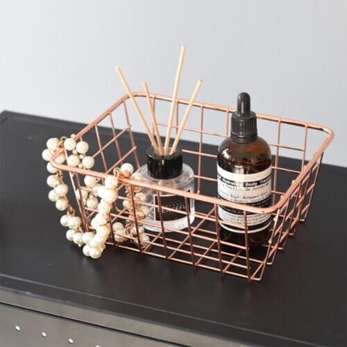 Storage Basket Rose Gold Wrought Iron Wire Simple Lines Desktop Organizer Home Decoration