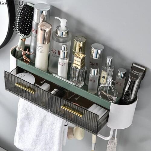 Free Punching Kitchen Bathroom Wall Hanging Shelf Rack With Hooks Cosmetic Towel Sundries Drain Storage Organizer