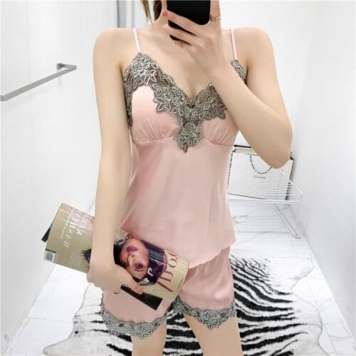 2021 New Summer with Chest Pads Sling Top Shorts Suit Silk Like Womens Pajamas Lace Sexy Nightwear Home Wear Sleepwear Thin