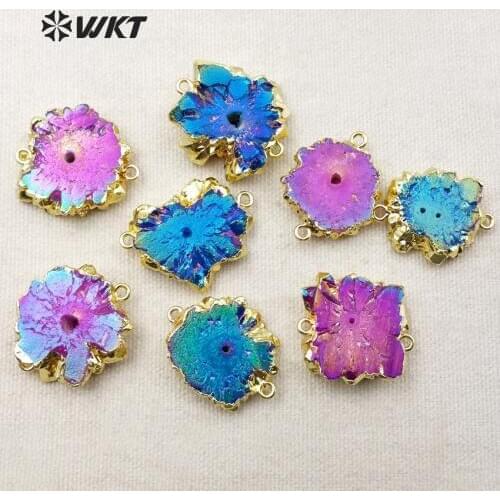 WT-C210 Wholesale Natural Stalactite Pendants Connectors Beautiful Blue Aura Quartz Pendant With Gold Color On Edge15-20mm