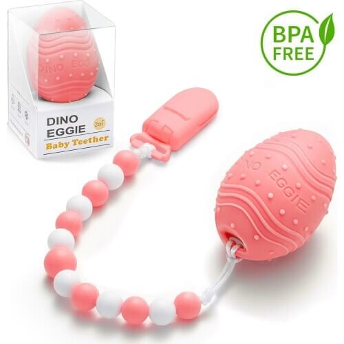Dino Eggie Baby Teether, Egg-Shaped Teething Toy with Clip, BPA-Free, CPSC Lab Tested and Approved, for Infant Boys Girls 3-12M
