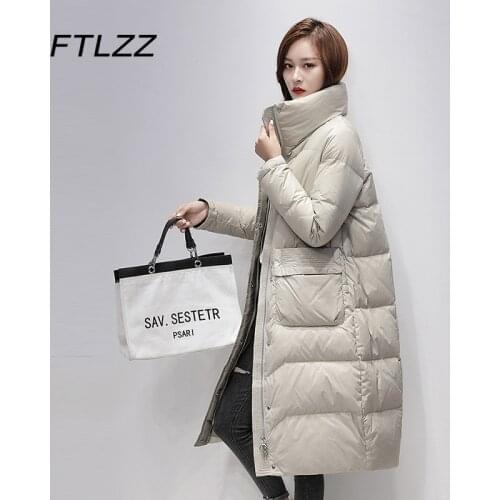 Women Stand Collar White Duck Down Jacket Winter Warm Long Coats Woman Casual Solid Puffer Jacket Parkas Korean Female Outwear
