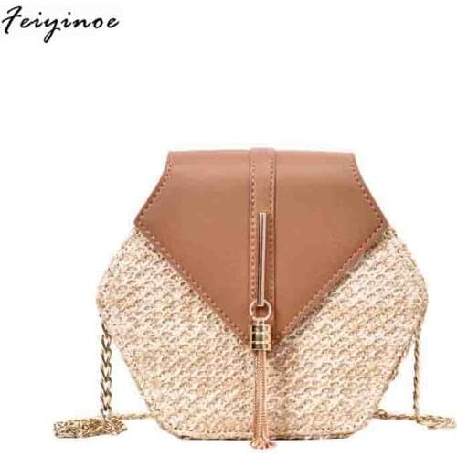 Hexagon Style Straw+leather Handbag Women Summer Rattan Bag Handmade Woven Beach Shoulder Bag New Fashion Womens Bag