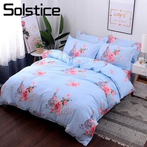 Solstice Home Textile 3/4Pcs Bed Linen Blue Red Flower Duvet Cover Sheet Pillowcase Woman Adult Teen Girl Bedding Set Queen Twin