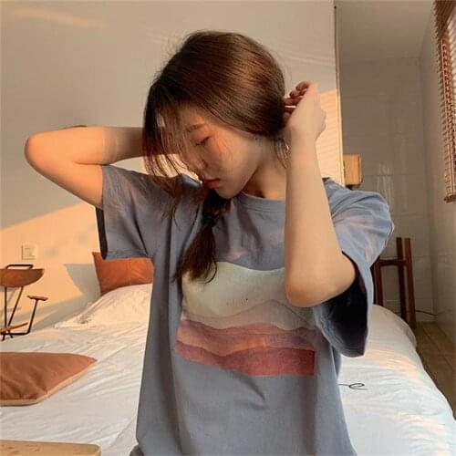 Vintage Landscape Print T-shirt Female Korean Harajuku Womens T-shirts Tops Japanese Kawaii Ladies Ulzzang Clothes For Women