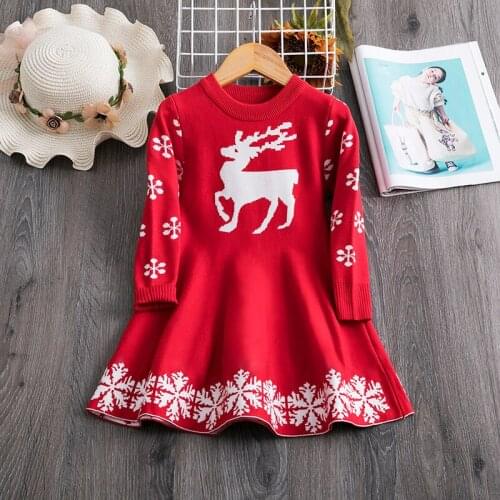 Girls Christmas Dress Full Sleeve SnowFlake Printed Autumn Winter Knitted Sweater Red Xmas Children Dresses New Year Kids Dress