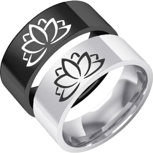 High Quality Stainless Steel Trendy Yoga Lotus Flower Finger Ring For Women and Men Punk Amulet Jewelry Gift 8mmBlackColor Rings