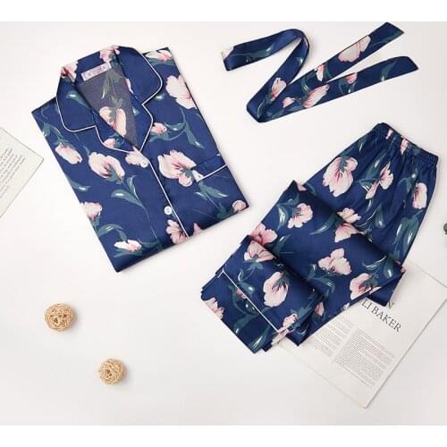 Silk Belt Pajamas Set Women Sexy Print Flower Summer Female Pyjamas Full Sleeve Shirt 2Piece/Set Lingerie Homewear Sleepwear