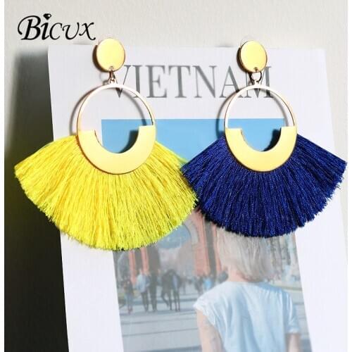 BICUX Bohemian Statement Tassel Drop Earrings for Women Boho Ethnic Pompom Fringed Hanging Earring Pendientes Femme 2019 Jewelry