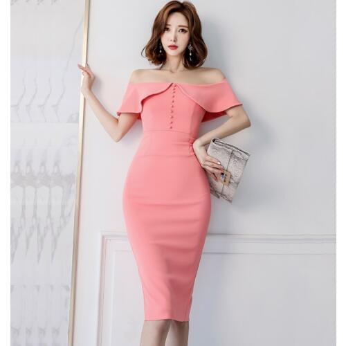 Ladies New Elegant Dress Women Fashion Sexy Slash Neck Ruffles Slim hips Dress