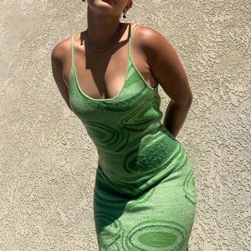 Tinastyle Spaghetti Strap Sexy Knitted Dress Women Summer Hollow Out Skinny Midi Beach Dress Green Y2K Party Slim Vestidos 2021