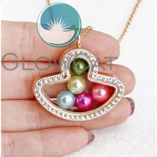 Gold Color Fan Shape Glass Locket Pearl Necklace Rhinestone Pendant Beads Pearl Locket Steel Chain Necklace