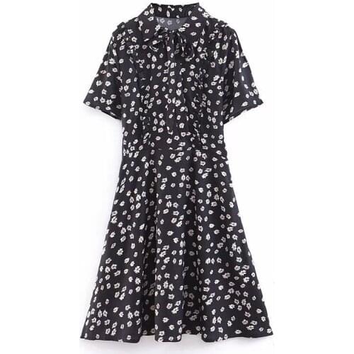 2019 Bohemian dress black floral dress bow short sleeve retro Harajuku cute dress girl mother beach dress