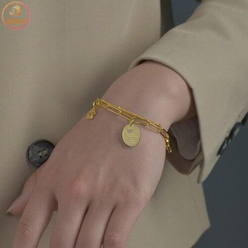 Akizoom Punk Double Layers Bangles Stainless Steel Crown Diamond Bracelet Hand Chain Charm for Women Party Jewelry Gift