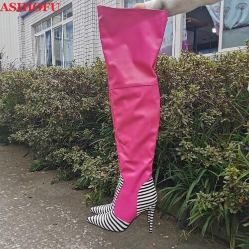 ASHIOFU Handmade New Style Thigh High Boots Ladies Patchwork Leather Over-the-knee Boots Stiletto Winter Evening Fashion Boots