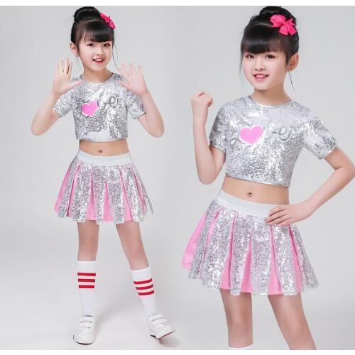 Children Girl Hip Hop Dancing Ballroom Jazz Dance Costumes for Sequins Dance Performance Jazz Costume for Girls Top + Skirt