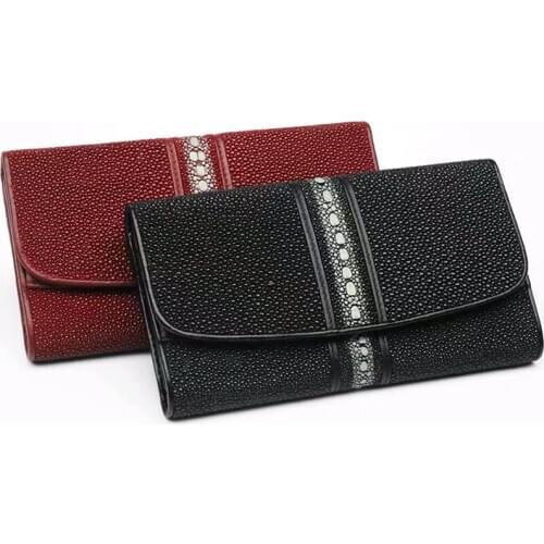 Unisex Style Authentic Real Stingray Skin Women Long Trifold Wallet Lady Card Holders Genuine Leather Female Large Clutch Purse