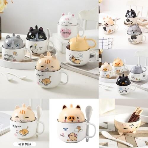 Creative Breakfast Cup Large Capacity Cute Cat Cartoon Office Cup With Lid Spoon Ceramic Mug