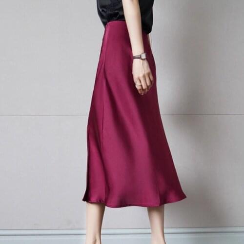 Summer Silk Midi Skirts Womens Korean England Style Dot Satin Office Lady Simple Skirts Black Loose A-Line Skirts