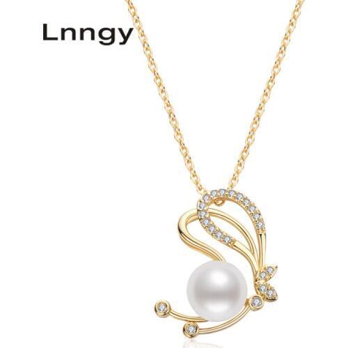 Lnngy 14K Gold Filled Necklace 8.5-9mm Natural Freshwater Pearl Butterfly Pendant Necklace Women Anniversary Engagement Jewelry