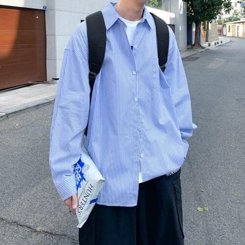 2021 Mens Long-sleeved Pinstripes Printing Shirts Loose Casual Trendy Youth Campus Shirts Clothes Streetwear Camisa Masculina