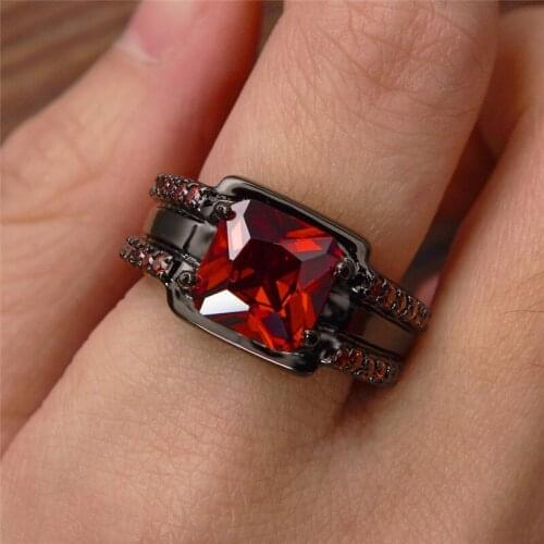 Big Square Red Crystal Zircon Engagement Rings For Men Women Vintage Fashion Black Gold Filled Wedding Ring Boho Bridal Jewelry