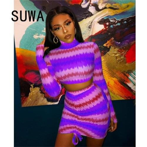 Wholesale Women Two Piece Set Striped Printing Spring New High Waist Mini Drawstring Skirts Turtleneck Crop Tops Outfit