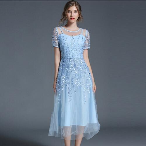 Runway long dress Summer women Sleeveless Blue Pink Mesh Floral Embroidery Party Dress Sexy Dress