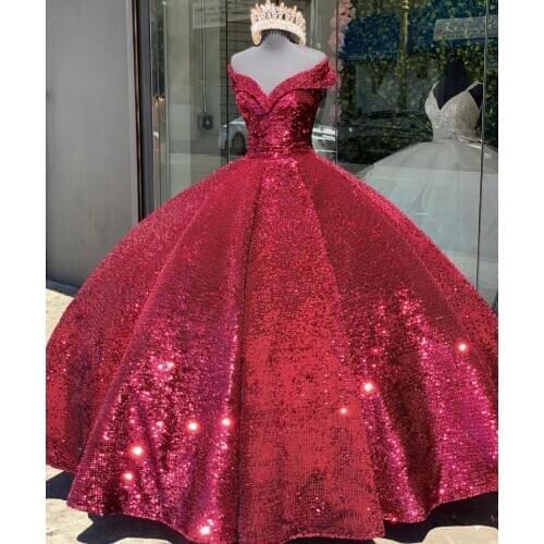 Stuning Burgundy Quinceanera Dresses Sequid Off the Shoulder Sweet 16 Prom Gowns Tulle vestidos de 15 años xv dress Corset