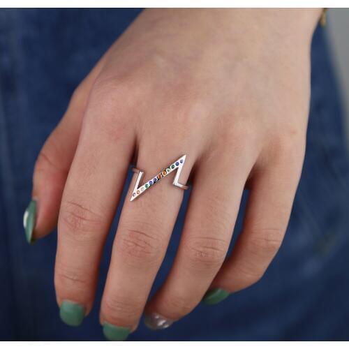 Plain Z-shaped finger ring with colorful cz paved tiny band women finger rings gift
